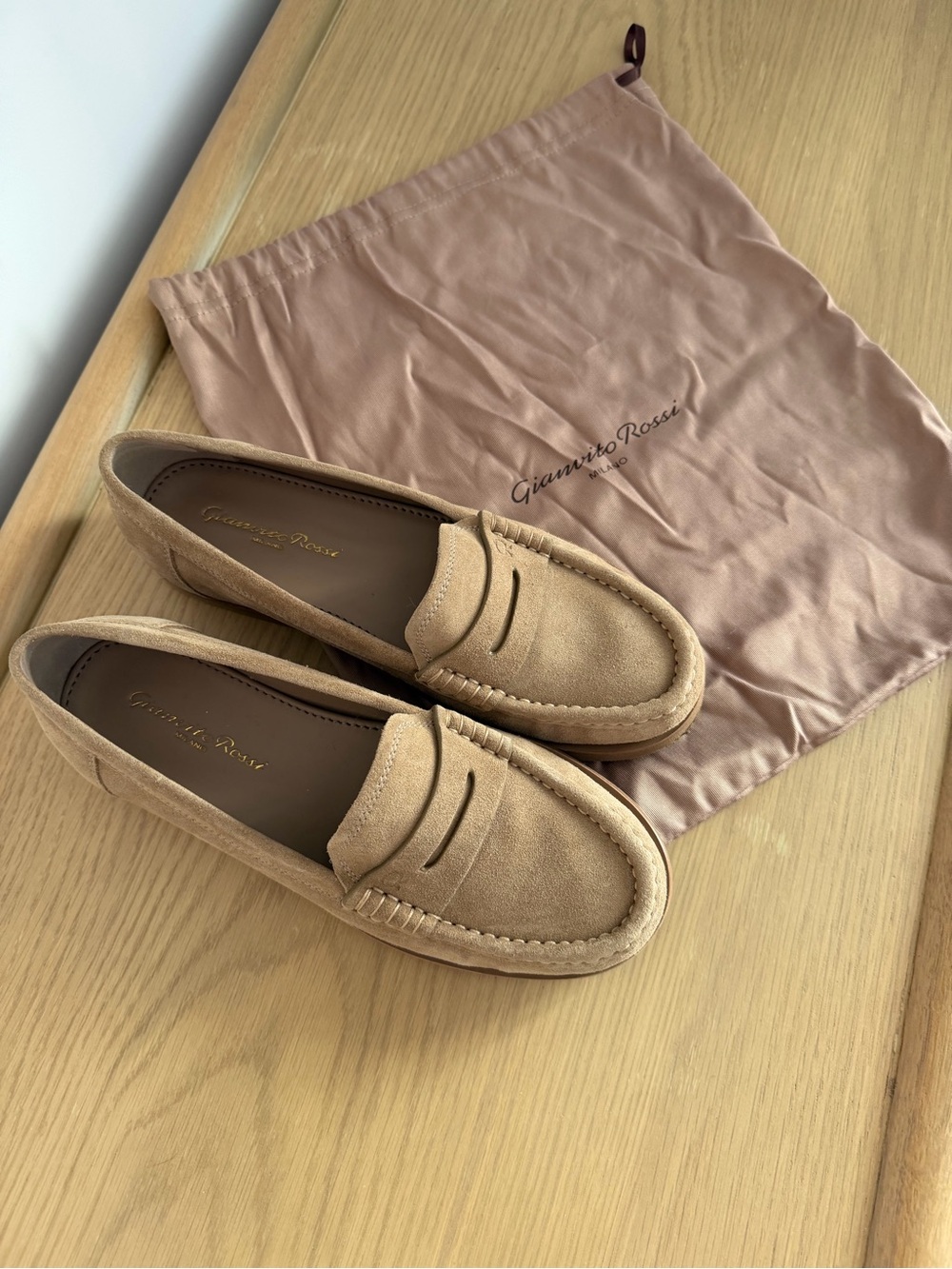 Gianvito Rossi Suede Penny Loafers in Beige Tan
